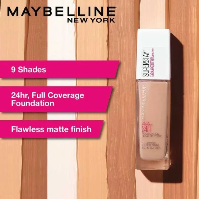Maybelline New York Super Stay 24H Full Coverage Liquid Foundation, Warm Nude 128, 30ml