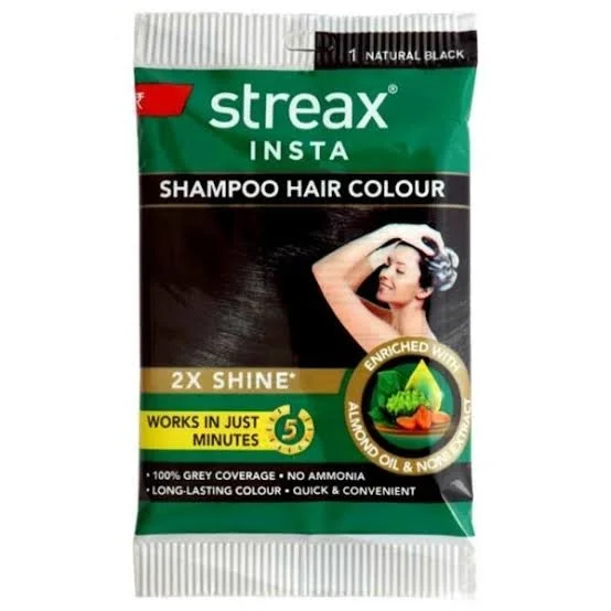 Streax Shampoo Hair Colour-Natural Black-2 Streax Insta Shampoo Hair Colour-Natural Black-25 ml-Pack of 8
