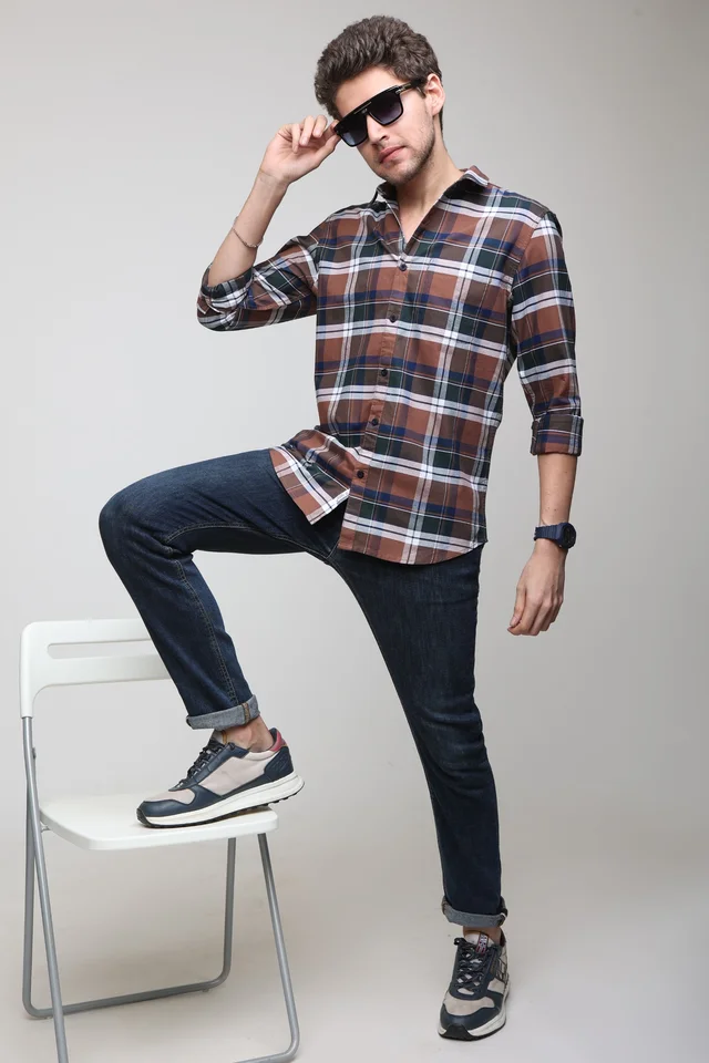 TUSCOT Men's Multicoloured Casual Cotton Shirt with Long Sleeves and Checked Pattern TT-CS1002 - MEDIUM