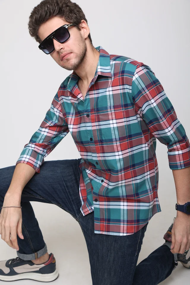 TUSCOT Men's Multicoloured Casual Cotton Shirt with Long Sleeves and Checked Pattern TT-CS1003 - MEDIUM