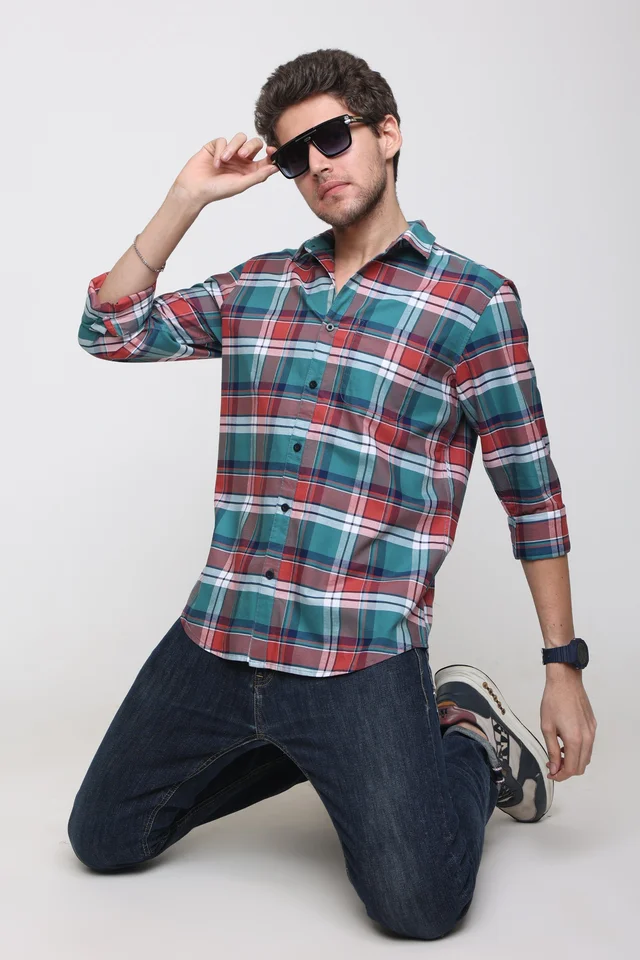 TUSCOT Men's Multicoloured Casual Cotton Shirt with Long Sleeves and Checked Pattern TT-CS1003 - MEDIUM