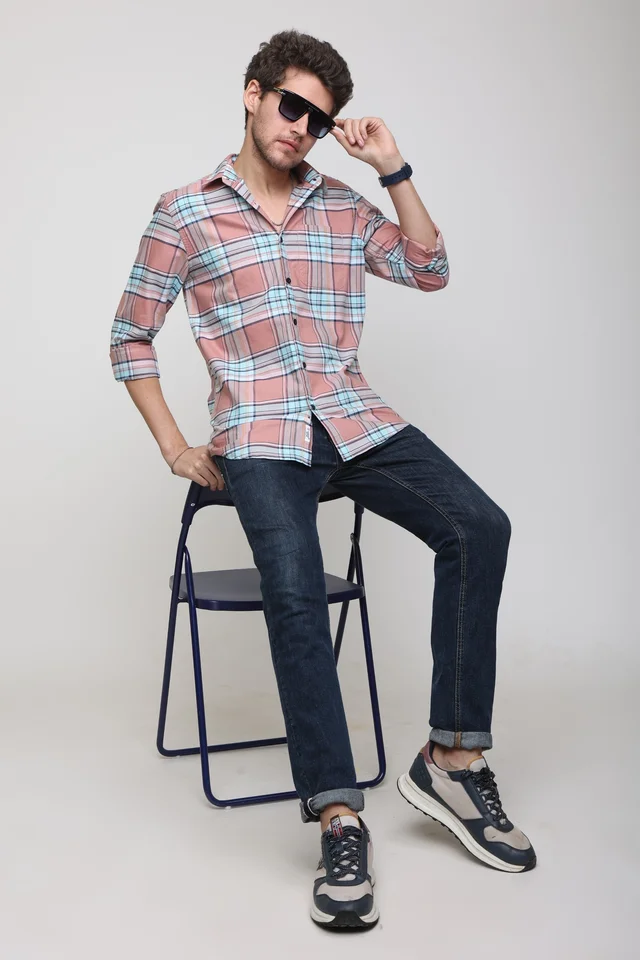 TUSCOT Men's Multicoloured Casual Cotton Shirt with Long Sleeves and Checked Pattern TT-CS1004 - LARGE