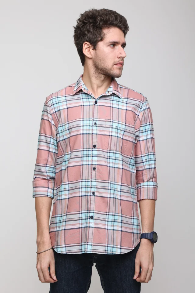 TUSCOT Men's Multicoloured Casual Cotton Shirt with Long Sleeves and Checked Pattern TT-CS1004 - LARGE