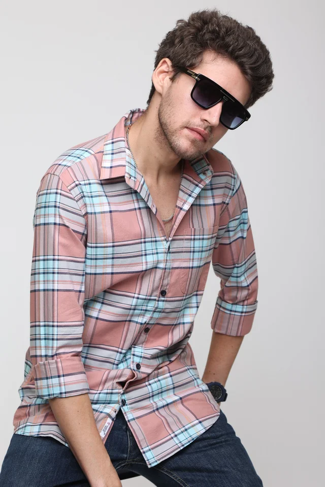 TUSCOT Men's Multicoloured Casual Cotton Shirt with Long Sleeves and Checked Pattern TT-CS1004 - LARGE