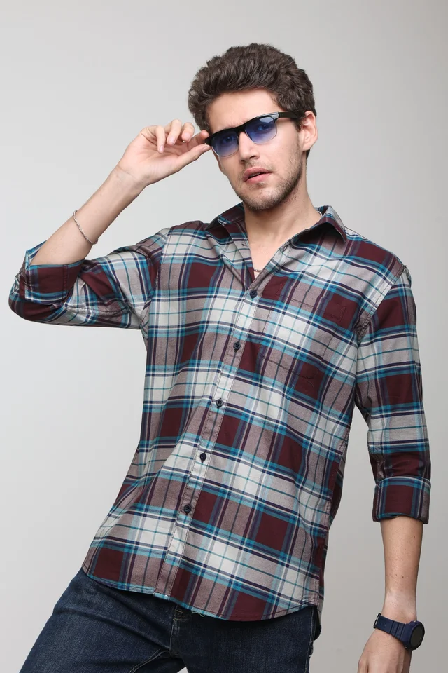 TUSCOT Men's Multicoloured Casual Cotton Shirt with Long Sleeves and Checked Pattern TT-CS1005 - MEDIUM