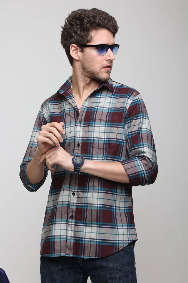 TUSCOT Men's Multicoloured Casual Cotton Shirt with Long Sleeves and Checked Pattern TT-CS1005 - MEDIUM