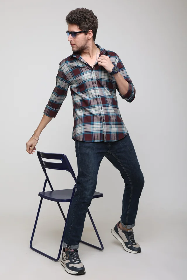 TUSCOT Men's Multicoloured Casual Cotton Shirt with Long Sleeves and Checked Pattern TT-CS1005 - MEDIUM