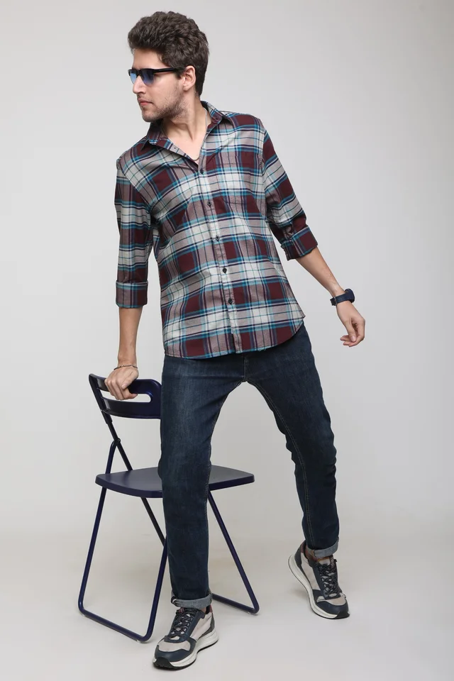 TUSCOT Men's Multicoloured Casual Cotton Shirt with Long Sleeves and Checked Pattern TT-CS1005 - MEDIUM