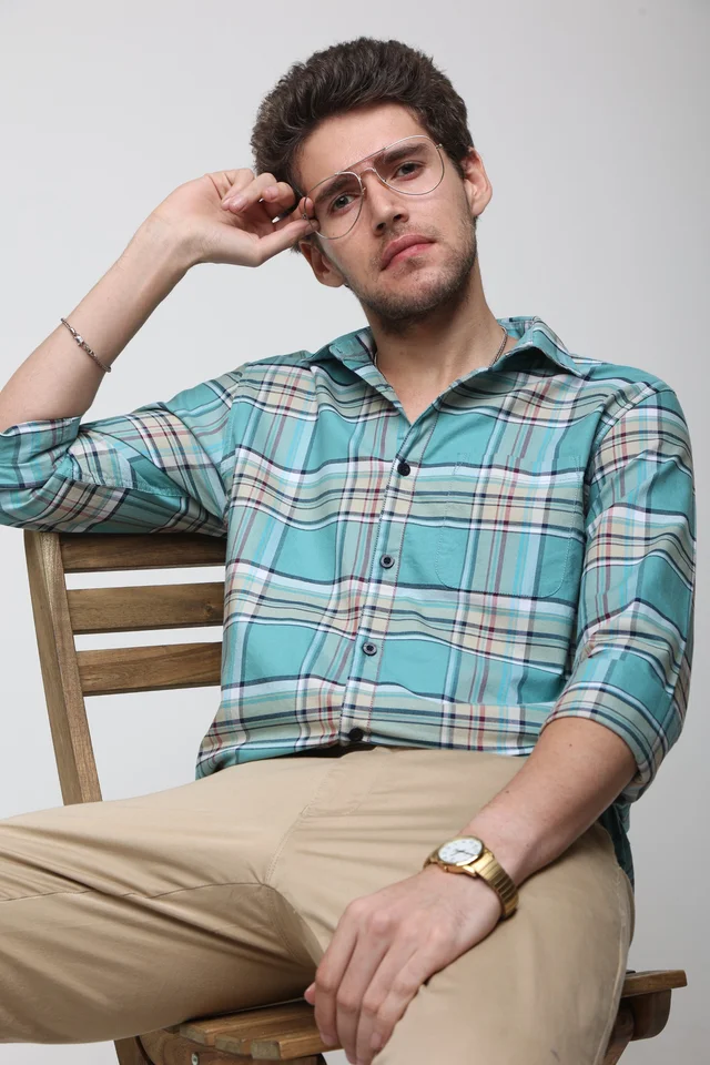 TUSCOT Men's Multicoloured Casual Cotton Shirt with Long Sleeves and Checked Pattern TT-CS1008 - LARGE