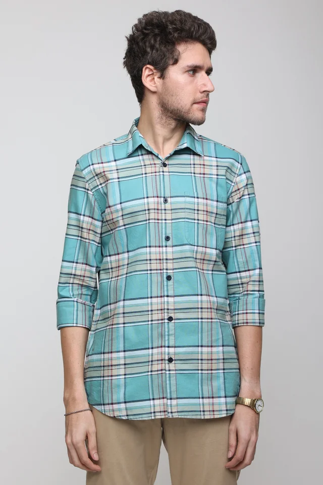 TUSCOT Men's Multicoloured Casual Cotton Shirt with Long Sleeves and Checked Pattern TT-CS1008 - LARGE