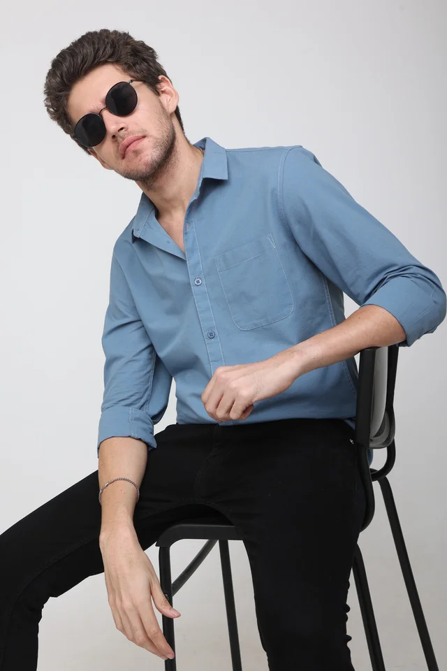 TUSCOT Men's Plain Casual Cotton Shirt with Spread Collar and Long Sleeves TT-CS1009 - MEDIUM, Sky Blue
