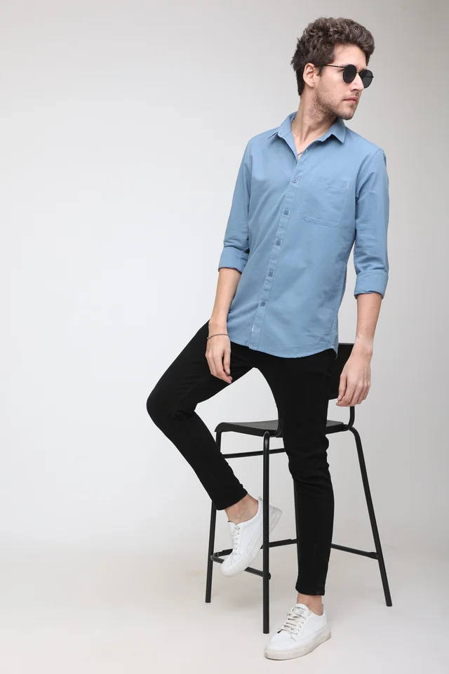 TUSCOT Men's Plain Casual Cotton Shirt with Spread Collar and Long Sleeves TT-CS1009 - MEDIUM, Sky Blue