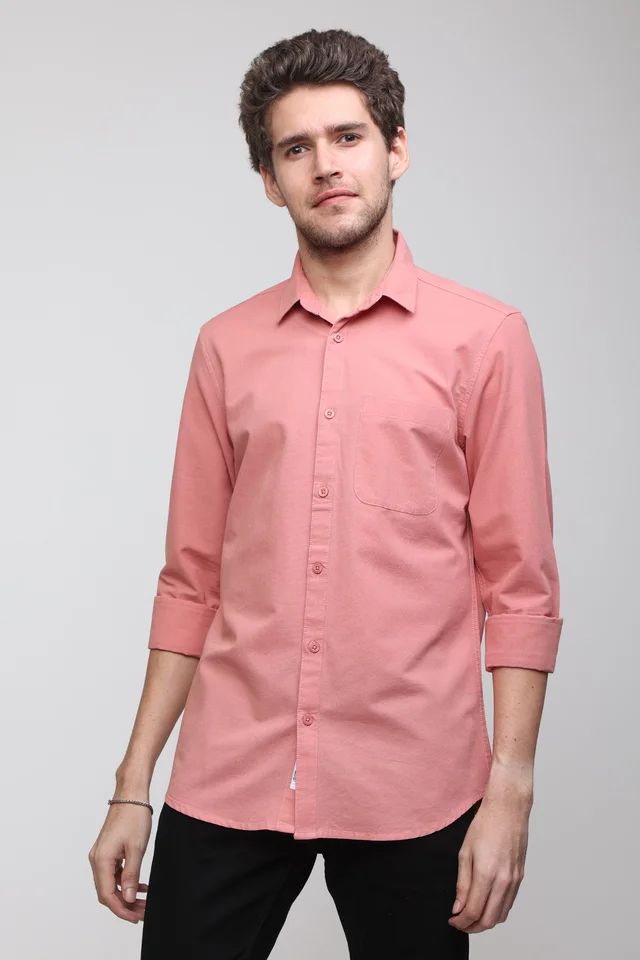 TUSCOT Men's Plain Casual Cotton Shirt with Spread Collar and Long Sleeves TT-CS1010 - MEDIUM, Coral Pink