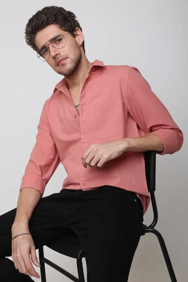 TUSCOT Men's Plain Casual Cotton Shirt with Spread Collar and Long Sleeves TT-CS1010 - MEDIUM, Coral Pink