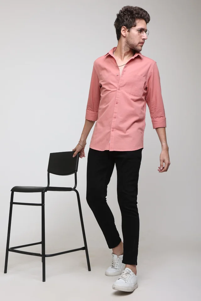 TUSCOT Men's Plain Casual Cotton Shirt with Spread Collar and Long Sleeves TT-CS1010 - MEDIUM, Coral Pink
