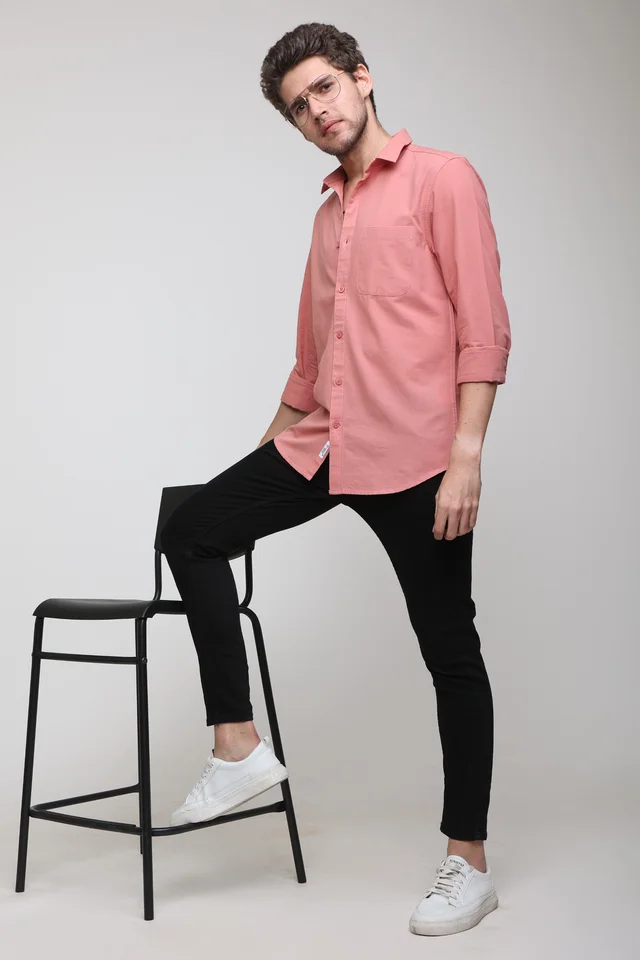TUSCOT Men's Plain Casual Cotton Shirt with Spread Collar and Long Sleeves TT-CS1010 - MEDIUM, Coral Pink