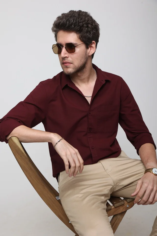 TUSCOT Men's Plain Casual Cotton Shirt with Spread Collar and Long Sleeves TT-CS1012 - MEDIUM, Maroon
