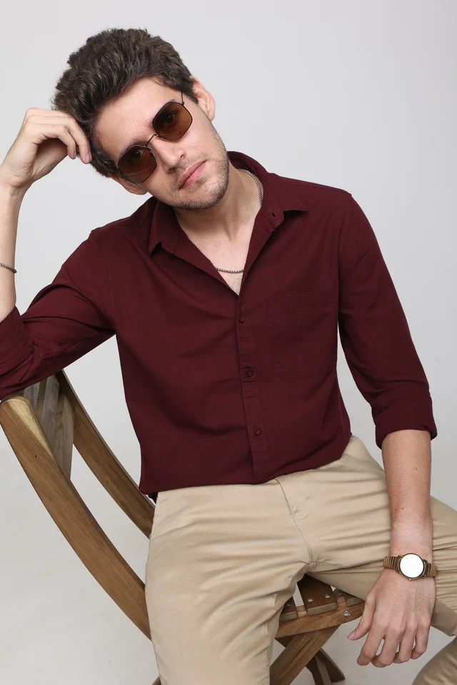 TUSCOT Men's Plain Casual Cotton Shirt with Spread Collar and Long Sleeves TT-CS1012 - MEDIUM, Maroon