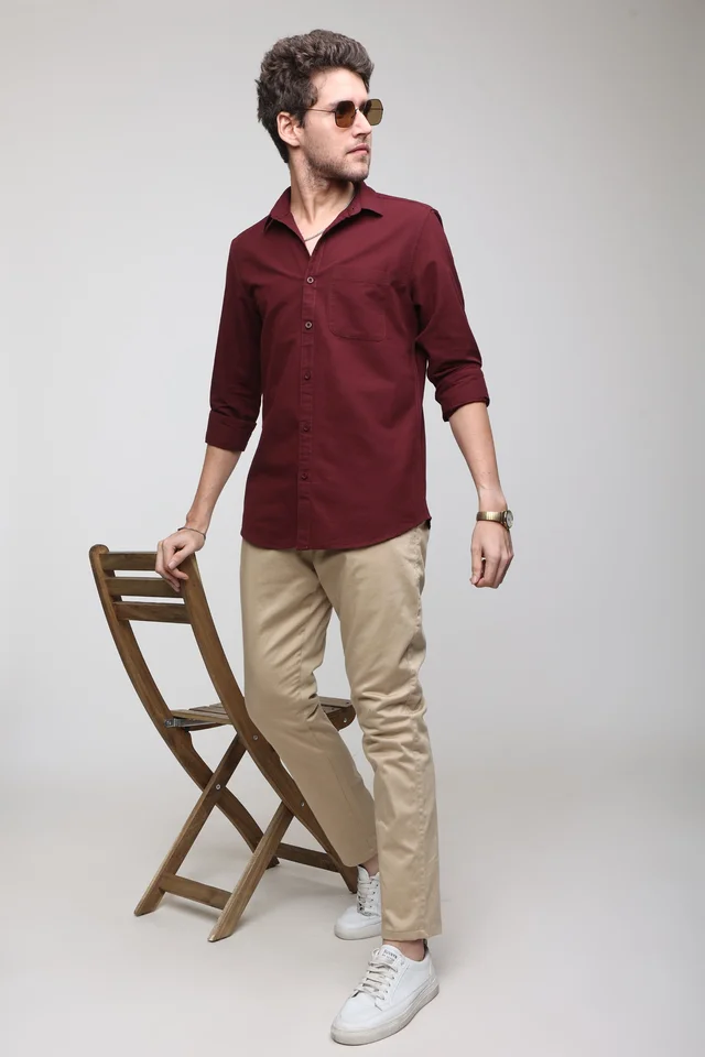 TUSCOT Men's Plain Casual Cotton Shirt with Spread Collar and Long Sleeves TT-CS1012 - MEDIUM, Maroon