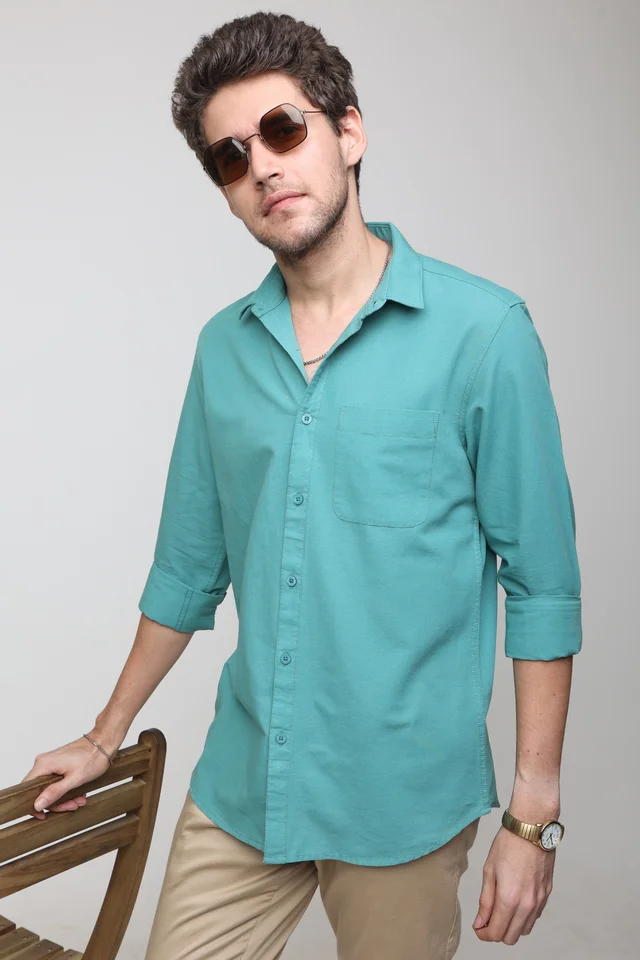TUSCOT Men's Plain Casual Cotton Shirt with Spread Collar and Long Sleeves TT-CS1014 - LARGE, Turquoise