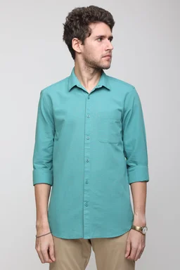 TUSCOT Men's Plain Casual Cotton Shirt with Spread Collar and Long Sleeves TT-CS1014 - LARGE, Turquoise