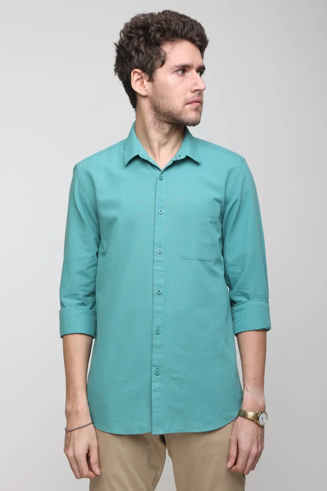 TUSCOT Men's Plain Casual Cotton Shirt with Spread Collar and Long Sleeves TT-CS1014 - LARGE, Turquoise