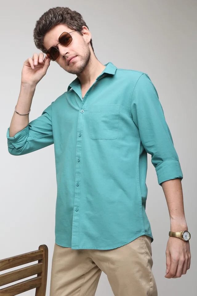 TUSCOT Men's Plain Casual Cotton Shirt with Spread Collar and Long Sleeves TT-CS1014 - LARGE, Turquoise