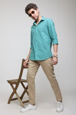 TUSCOT Men's Plain Casual Cotton Shirt with Spread Collar and Long Sleeves TT-CS1014 - LARGE, Turquoise