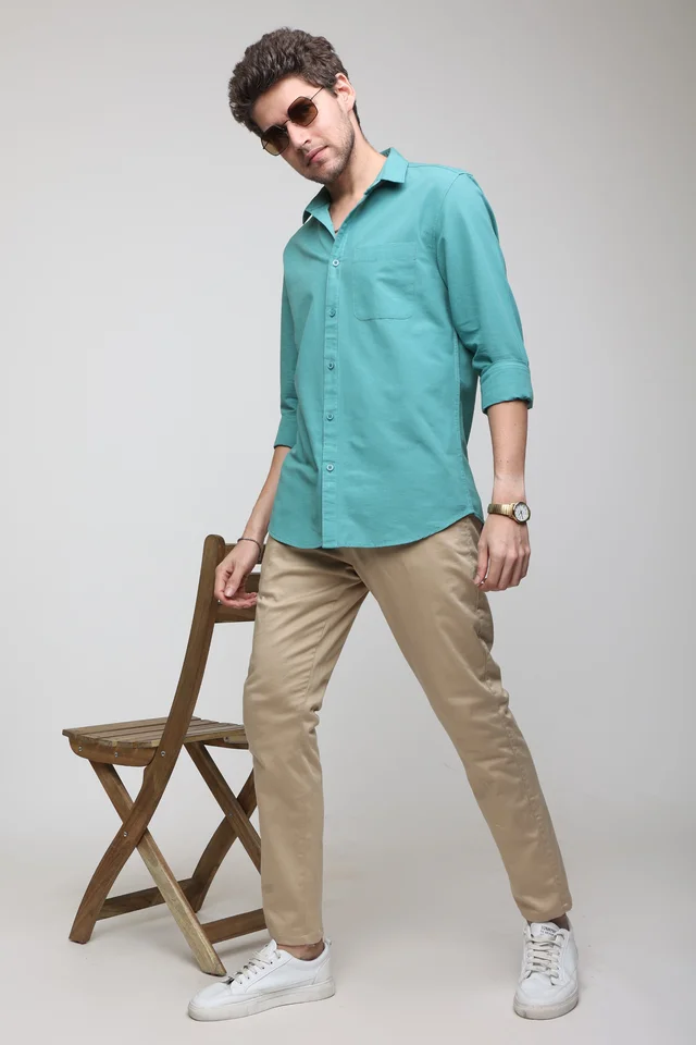 TUSCOT Men's Plain Casual Cotton Shirt with Spread Collar and Long Sleeves TT-CS1014 - LARGE, Turquoise