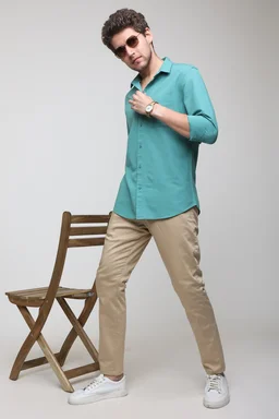 TUSCOT Men's Plain Casual Cotton Shirt with Spread Collar and Long Sleeves TT-CS1014 - LARGE, Turquoise