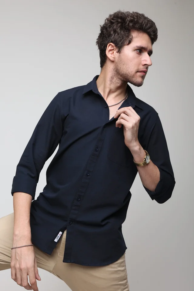 TUSCOT Men's Plain Casual Cotton Shirt with Spread Collar and Long Sleeves TT-CS1015 - LARGE, Navy Blue