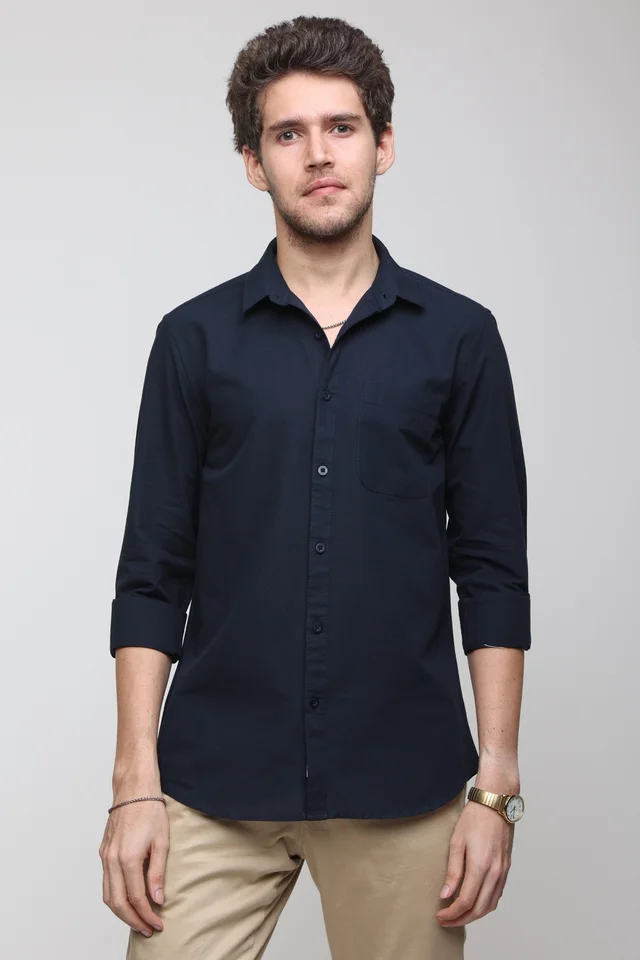 TUSCOT Men's Plain Casual Cotton Shirt with Spread Collar and Long Sleeves TT-CS1015 - LARGE, Navy Blue