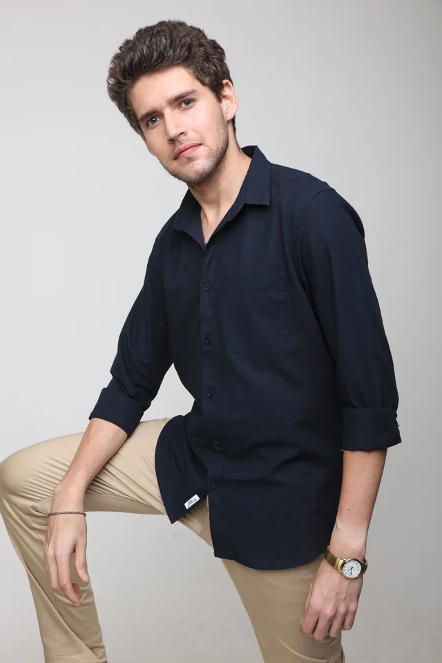 TUSCOT Men's Plain Casual Cotton Shirt with Spread Collar and Long Sleeves TT-CS1015 - LARGE, Navy Blue