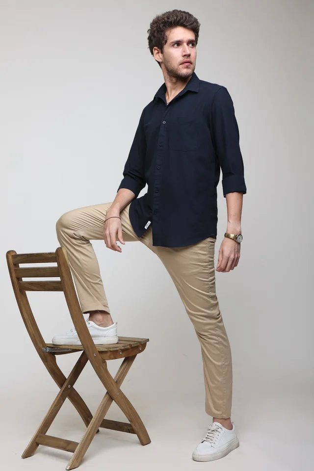 TUSCOT Men's Plain Casual Cotton Shirt with Spread Collar and Long Sleeves TT-CS1015 - LARGE, Navy Blue