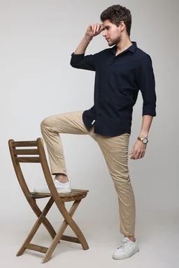 TUSCOT Men's Plain Casual Cotton Shirt with Spread Collar and Long Sleeves TT-CS1015 - LARGE, Navy Blue
