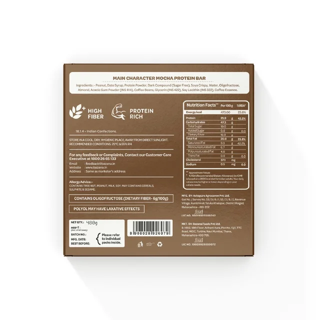 Bazana Foods Pvt Ltd Bazana Main Character Mocha Protein Bars - Pack of 12 (480g)