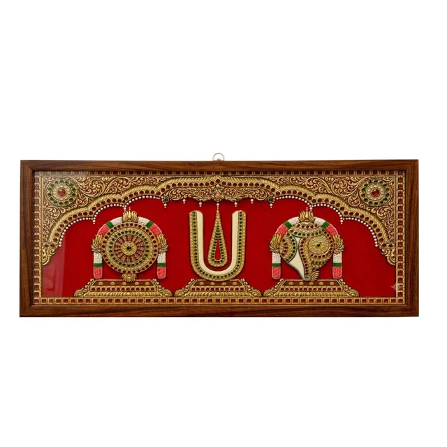 Teak wood frame-Tanjore style painting Balaji theme Shanku Chakra Namam - 12 x 5 Inches