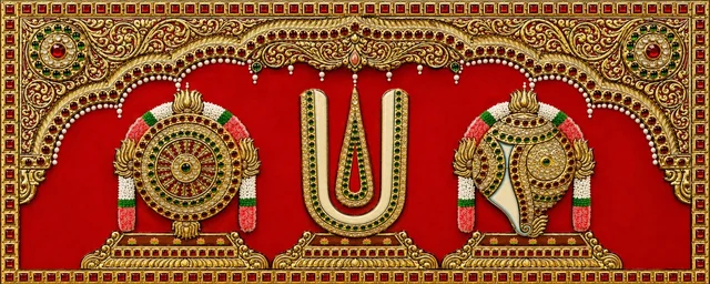Teak wood frame-Tanjore style painting Balaji theme Shanku Chakra Namam - 12 x 5 Inches
