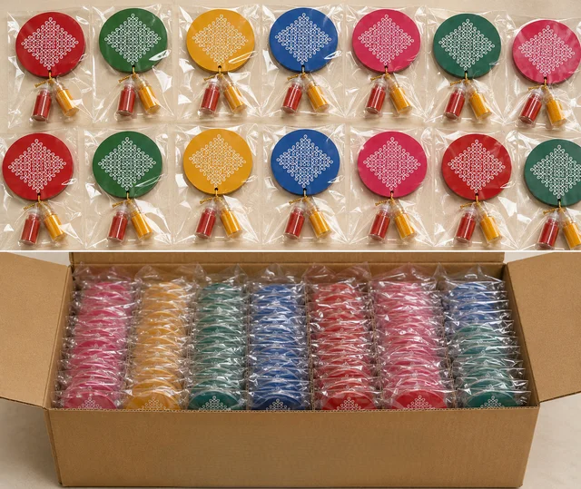 50 pcs Kolam - Haldi Kumkum, Varalakshmi Vratam, Pooja & Tambulam Return Gifts, Indian Wedding Favors, Manjal Kumkumam, Housewarming Gift - Cerise, 50 pcs