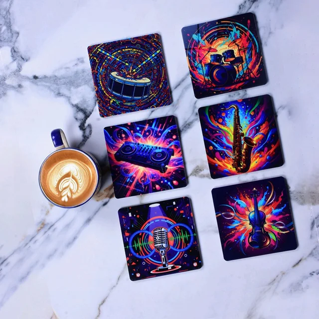 Premium Acrylic Tea Coasters UV Printed Set of 6 with Stand | Instruments