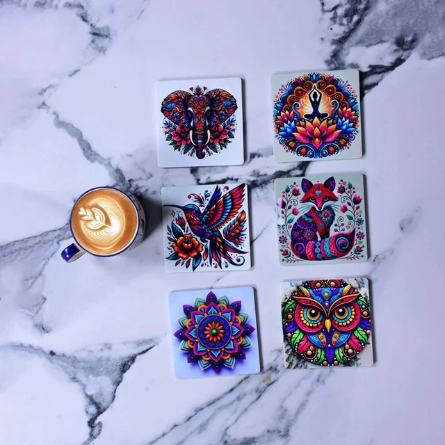 Premium Acrylic Tea Coasters UV Printed Set of 6 with Stand | Spiritual