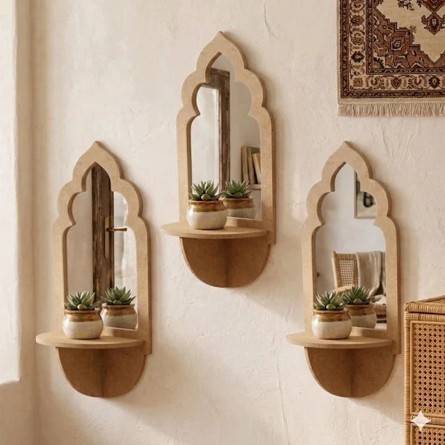 Jharokha Wall Shelf / Diya Stand / Floating Shelf - 8 * 3.75 * 2.5 inches, 1 pair, with mirror