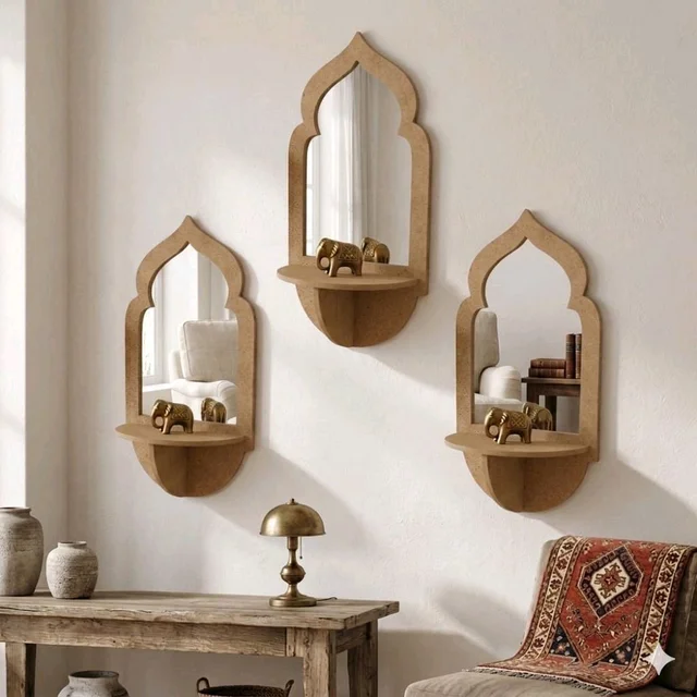 Jharokha Wall Shelf / Diya Stand / Floating Shelf - 18 * 9 * 3 inches, 1 pair, with mirror