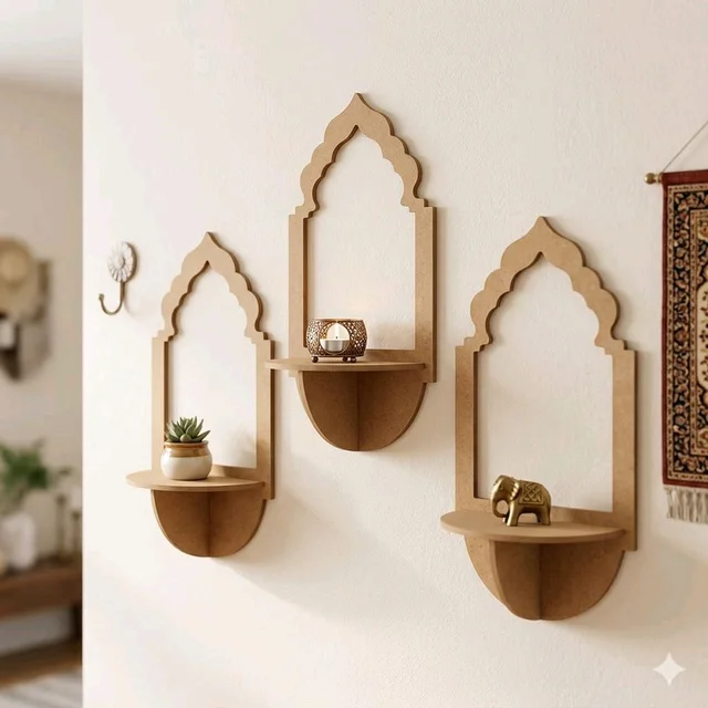 Jharokha Wall Shelf / Diya Stand / Floating Shelf - 8 * 3.75 * 2.5 inches, 1 pair, without mirror