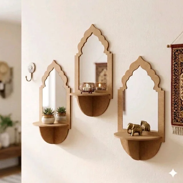 Jharokha Wall Shelf / Diya Stand / Floating Shelf - 8 * 3.75 * 2.5 inches, 1 pair, without mirror