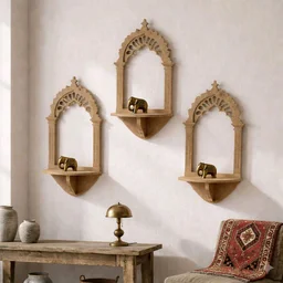 Jharokha Wall Shelf / Diya Stand / Floating Shelf - 8 * 3.75 * 2.5 inches, 1 pair, with mirror