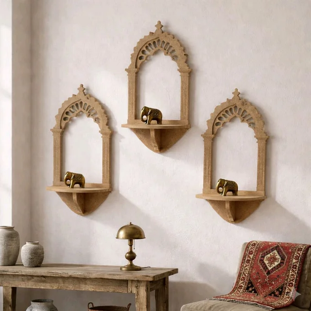 Jharokha Wall Shelf / Diya Stand / Floating Shelf - 8 * 3.75 * 2.5 inches, 1 pair, without mirror