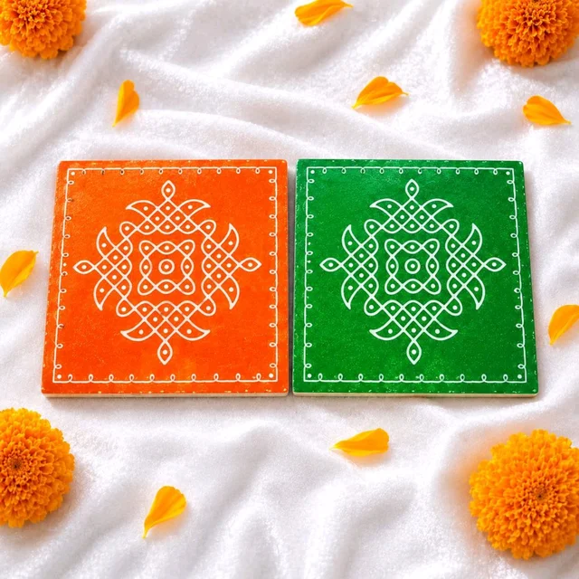 Printed Squre Acrylic Kolam Coasters - Green, 4 pcs