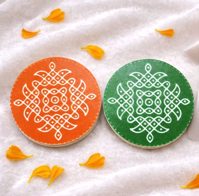 Printed Round Acrylic kolam Coasters - Orange, 4 pcs