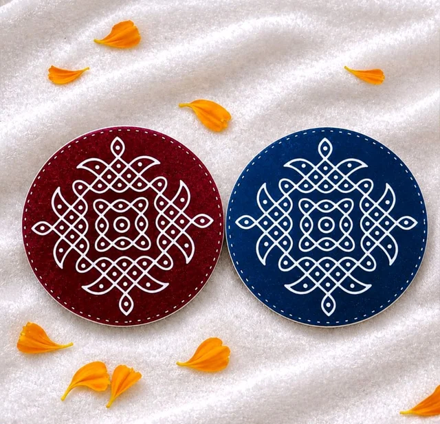 Printed Round Acrylic kolam Coasters - chocolate, 4 pcs